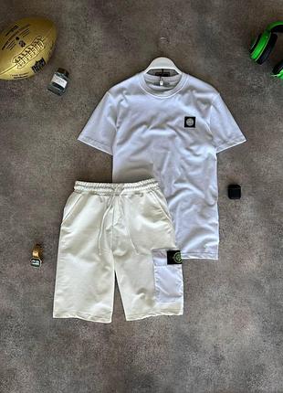 Мужской летний костюм футболка + шорты stone island белый с патчем стон айленд на лето (b)