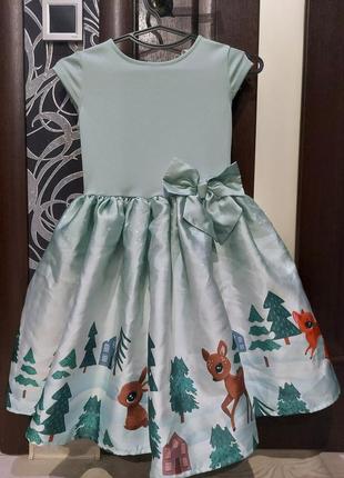 Шикарное пышное нарядное платье куколка с бантом оливковое со зверятами от h&m 7-10 лет6 фото
