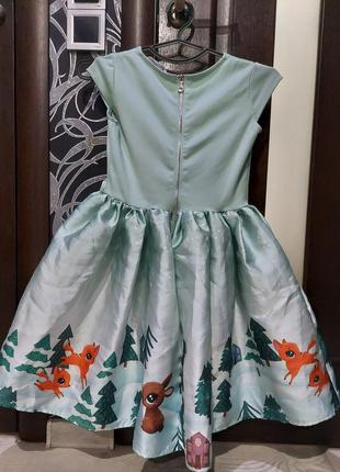 Шикарное пышное нарядное платье куколка с бантом оливковое со зверятами от h&m 7-10 лет7 фото