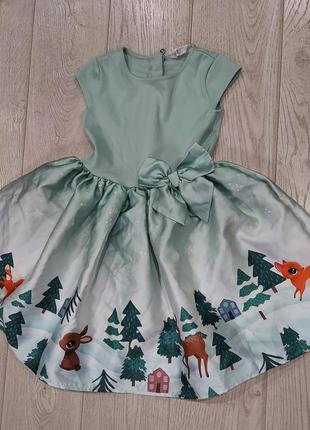 Шикарное пышное нарядное платье куколка с бантом оливковое со зверятами от h&m 7-10 лет5 фото