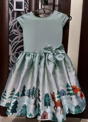Шикарное пышное нарядное платье куколка с бантом оливковое со зверятами от h&m 7-10 лет