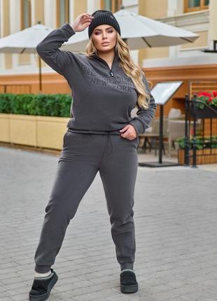 Спортивний костюм флісовий фліс жіночий худі комір оверсайз світшот кофта весна штани прямі по фігурі джогери манжети батнік толстовка худі капюшон