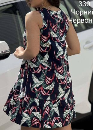 Літнє плаття cotton straight з воланом різні кольори та розміри квітковий принт тропічні листя5 фото