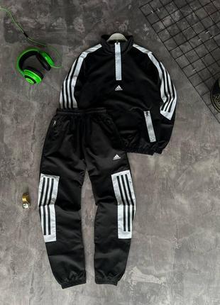 Чоловічий спортивний костюм adidas вітровка + штани чорний з білим комплект адідас із плащівки весняний (b)