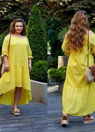 Женское желтое свободное платье ассиметричное из прошвы батал