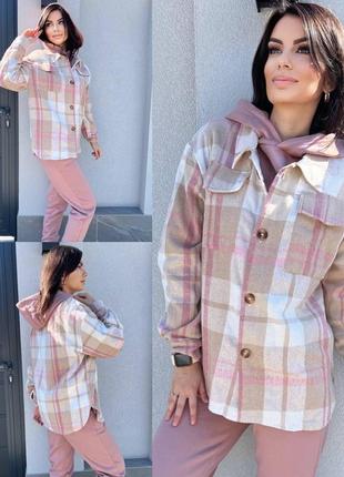 Жіноча фланелева бежева сорочка в клітку на гудзиках