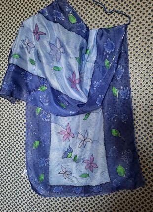 Платок, натуральный шелк, handmade, цветочный принт, шов роуль