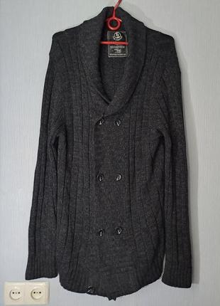 Довгий теплий чоловічий в'язаний чорний кардиган на осінь-зиму