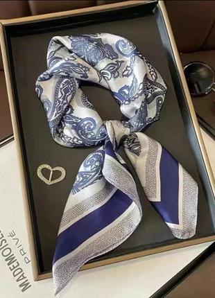 Платок платок сатиновый на голову на сумку твилли шарф синий серый новый