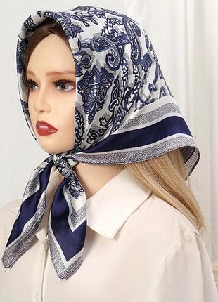 Платок платок сатиновый на голову на сумку твилли шарф синий серый новый