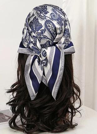 Платок платок сатиновый на голову на сумку твилли шарф синий серый новый