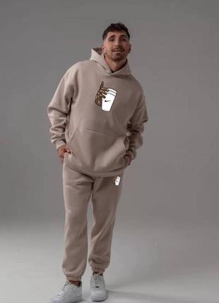 Спортивний костюм на флісі теплий толстовка оверсайз кофта штани прямі джогери батнік толстовка худі капюшон