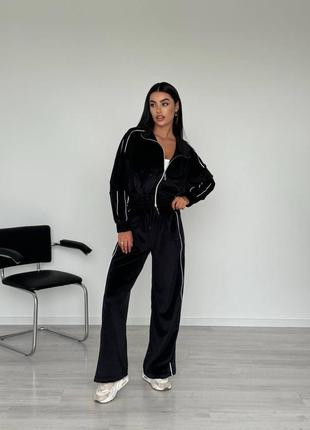 Спортивний костюм велюр велюровий жіночий худі оверсайз палаццо кофта олімпійка штани прямі по фігурі кльош манжети8 фото