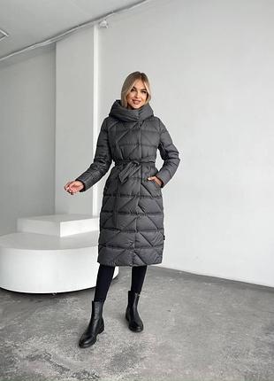 Пуховых зима до - 20 графит с капюшоном и поясом длинный7 фото