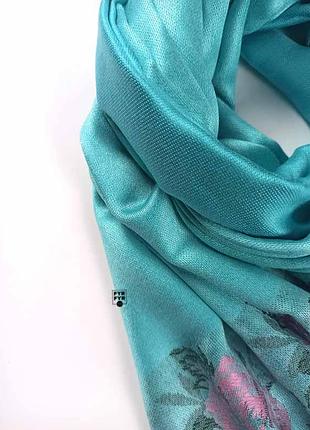 Роскошный палантин шелк шерсть шарф тканый узор жаккард гобелен пейсли голубой