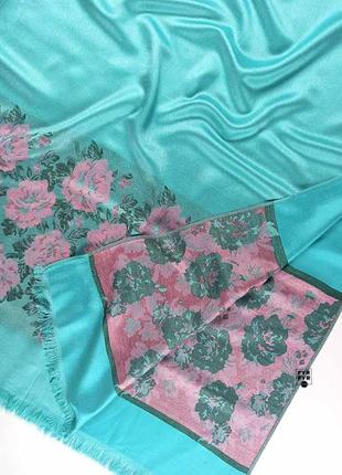 Роскошный палантин шелк шерсть шарф тканый узор жаккард гобелен пейсли голубой