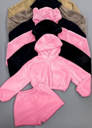 Тепла махрова піжама: укорочений худі оверсайз і шорти на високій посадці з якісної тканини рожева чорна стильна трендова