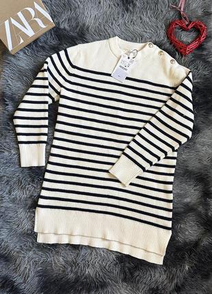 Трикотажный удлиненный свитер zara полосатый свитер zara вязаное платье в полоску zara...