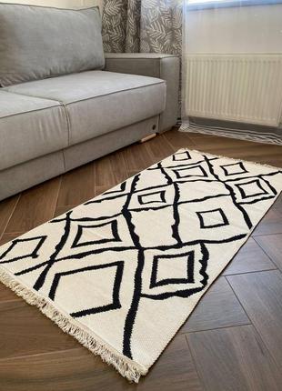 Чорно-білий килим з абстрактним малюнком, двосторонній і бавовняний, розмір 80x1502 фото