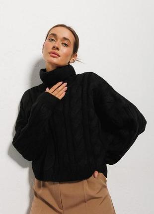 Вязаный женский черный свитер с крупными косами modna kazka mkar200251-2 onesize