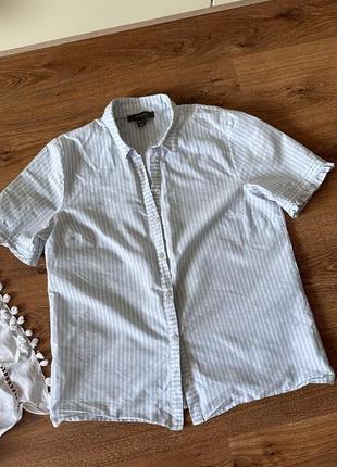 Сорочка в піжамному стилі в смужку ніжно блакитна піжама рюши тренд