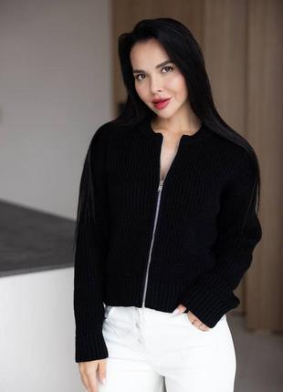 Черный кардиган на молнии с шерстью оверсайз кардиган