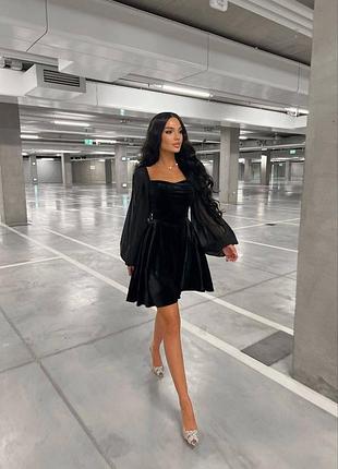 ❤️ невероятное велюровое платье женское черная черная велюр бархат шифоновые рукава шифон черное платье бархатное