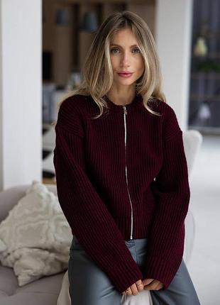 Оверсайз вязаный кардиган с шерстью теплый женский кардиган на молнии