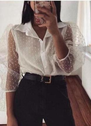 Белая шифоновая блузка с объемными пышными рукавами