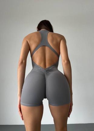 Спортивний жіночий комбінезон wsh на блискавці з відкритою спинкою шортиками push up (сірий) s m l9 фото