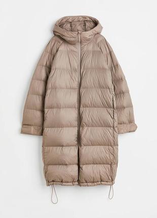 H&m новый пуховик беж тауп длинный с капюшоном зимняя куртка пух перо