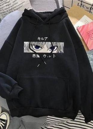 Худи оверсайз удлиненный на флисе с принтом аниме толстовка серый черный белый спортивный стильный