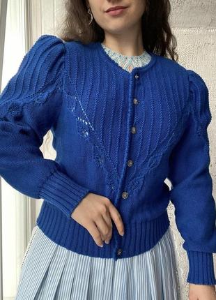 Винтажная шерстяная вязаная кофта кардиган электрик синий moschen modell