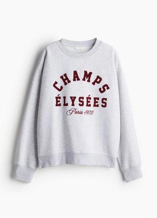 H&m свитшот на флисе серый с вышивкой бургунди