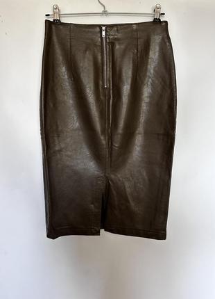 Кожаная юбка zara меди высокая посадка хаки9 фото