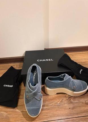 Шанель сині лофери модель art-12567 (chanel  blue velvet loafers shoes