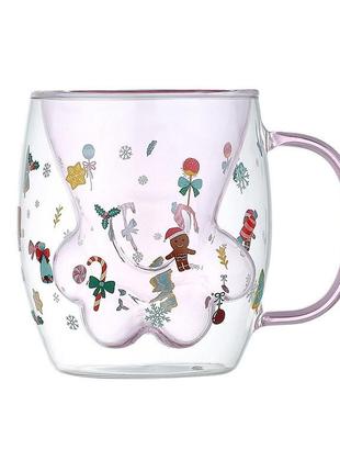 Скляна чашка з подвійним дном котяча лапка з ручкою (склянка з подвійним склом)
