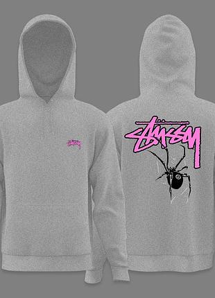 Чоловічі худі stussy spider pink logo сіре толстовка з капюшоном стуссі з павуком рожевий принт