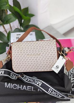 Сумка через плечо michael kors белый+коричневый с одной ручкой на широкой шлейке