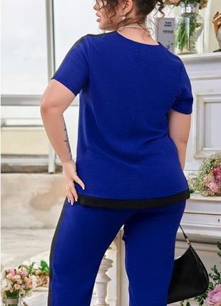 Костюм - двойка женский брючный, повседневный, блуза - футболка , брюки, батал, синий электрик3 фото