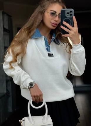 Накладной платеж ❤ турецкий оверсайз свитшот теплый на флисе с джинсовым воротничком