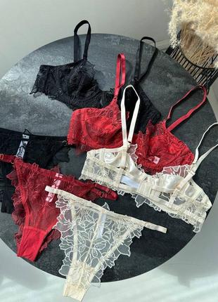 Красивый комплект нижнего белья чашка а в бюстгальтер сетка с вышивкой трусики низкой...