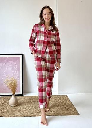 Фланелева піжама жіноча біла в клітинку домашній костюм теплий байка