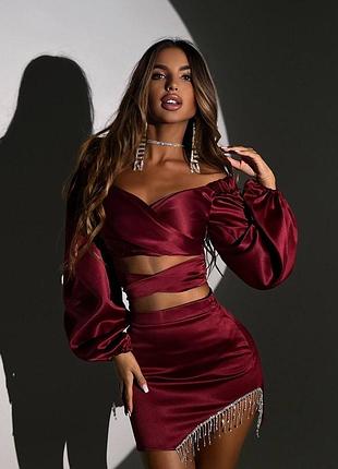 Атласний комплект спідниця + топ зі стразами, вечірній костюм зі спідницею з камінням, спідниця + топ з камінцями