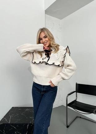 Светр з ажурним плетінням в стилі zara з рюшами світлий бежевий в стилі old money5 фото
