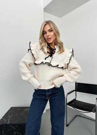 Светр з ажурним плетінням в стилі zara з рюшами світлий бежевий в стилі old money3 фото