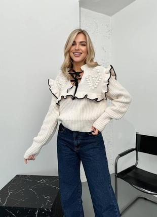 Светр з ажурним плетінням в стилі zara з рюшами світлий бежевий в стилі old money4 фото