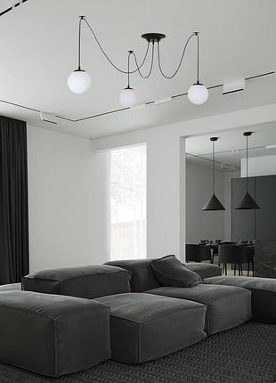 Чёрная люстра из белых шаров на 3 лампы (56-pr1503f-3 bk+wh)