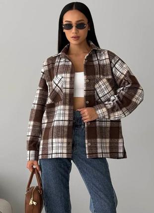 В описі є заміри, сорочка жіноча кашемірова, оверсайз, картата, коричнева