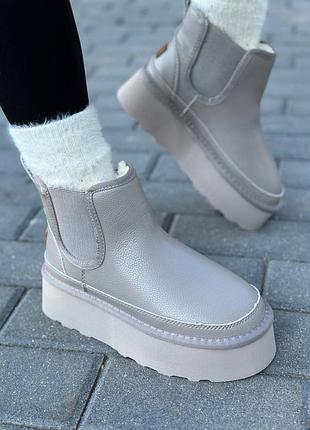 0595 уггі шкіряні, черевики челсі зимові, чоботи на хутрі